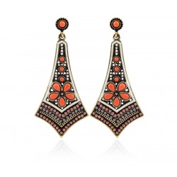 Modern ethnic long Egyptian design earrings with orange and black beads and resin